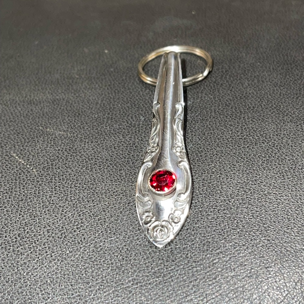 Ornate Silver Keychain with Red Accent made from vintage silverware